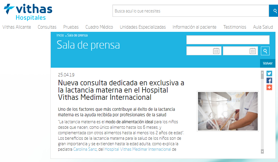Sala prensa Vithas nueva consulta lactancia materna en Alicante